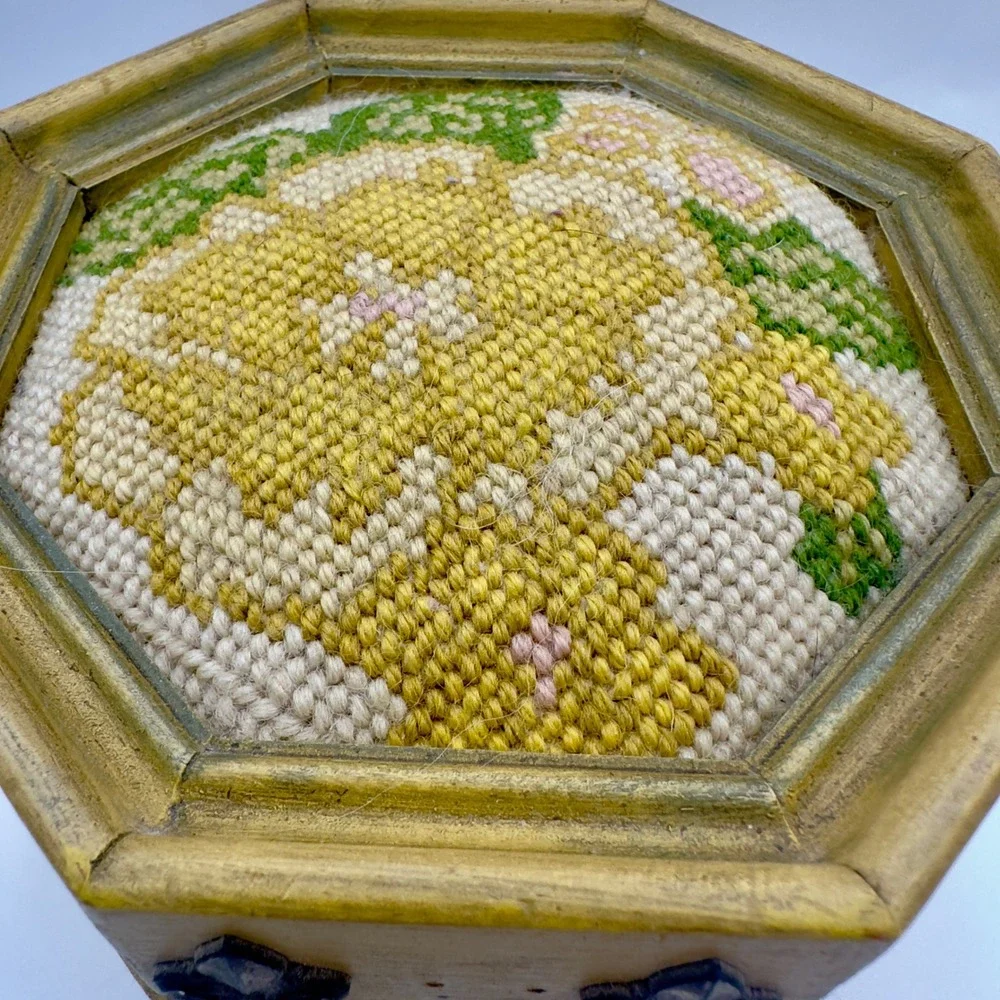 Antique Octagon Wood Storage Box Needlepoint Floral Lid Green Felt Lining